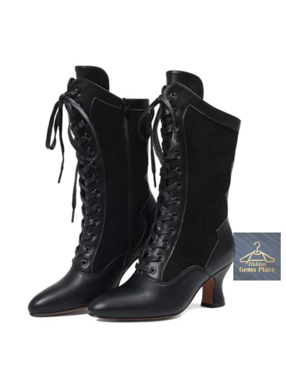 Victorian Lace Up Mid Calf Boots for Women, PU Pointed Toe Block Heel